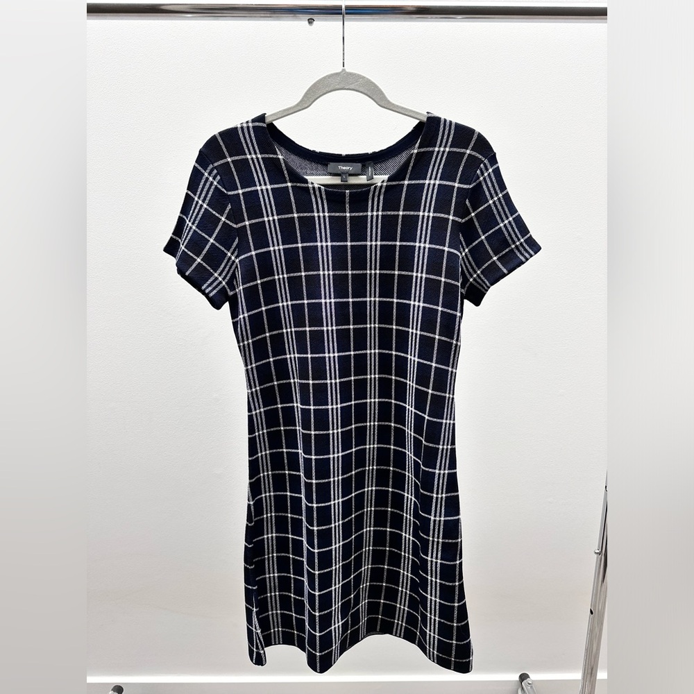 Theory Navy Plaid Flexible Dress
